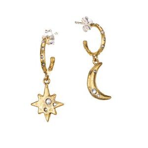 Waxing Poetic Moon and Star Huggie Hoop Earrings - Brass, Sterling Silver.